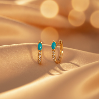 EHC57586TQ. 14K Solid Yellow Gold Diamond and Turquoise Hoop Earrings
