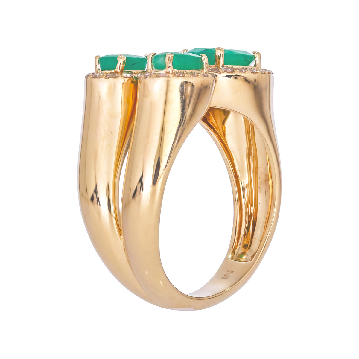 14K Solid Gold Diamond and Emerald Three Ovals Ring
