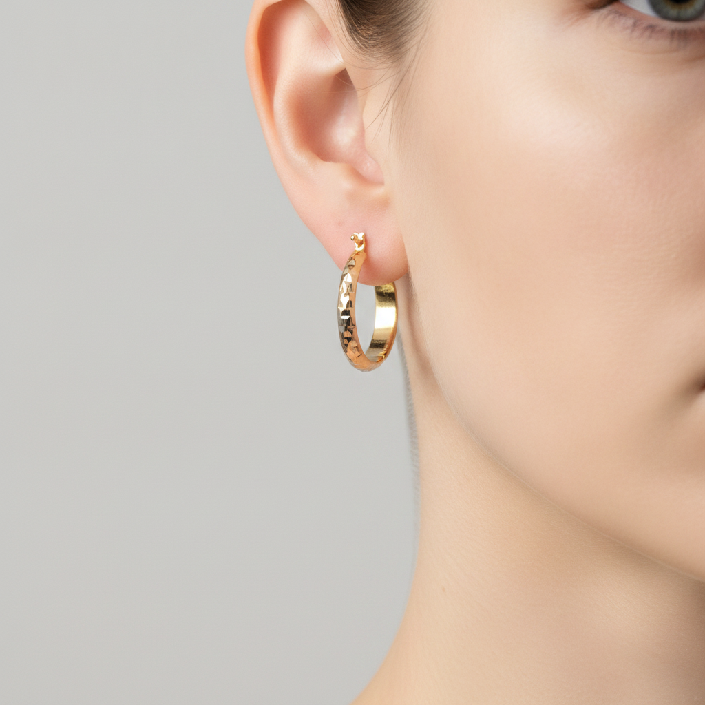 GER62. 14K Gold Diamond Cut Tri-Color Hoop Earrings