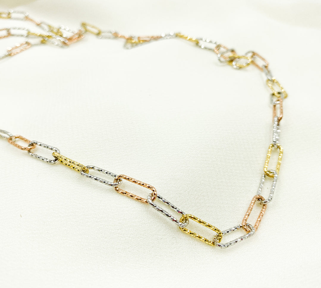 Gold Plated Tricolor Sterling Silver, Diamond Cut Paperclip Link Chain. V9GSR