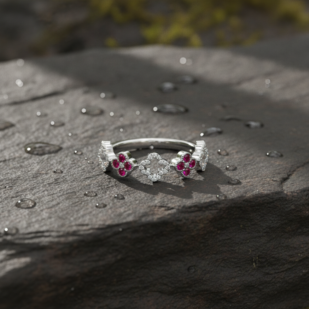 RAE02561. 14K Solid Gold Diamond and Gemstone Flower Ring