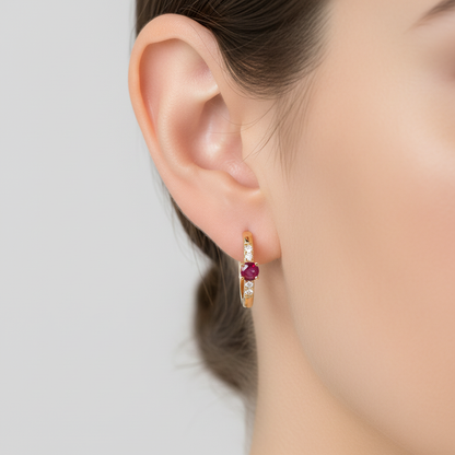 EHA57619RU. 14K Solid Gold Ruby & Diamond & Hoop Earrings