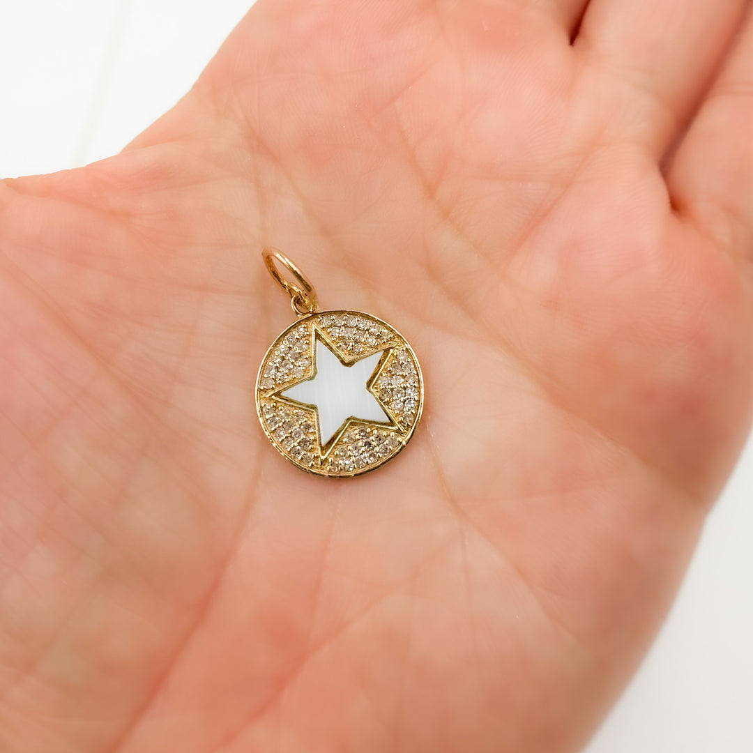 Gold Mother of Pearl and Diamonds Round Star Pendant.