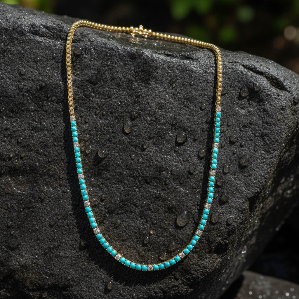 NFJ72366TQ. 14K Solid Gold Turquoise and Diamond Tennis Necklace