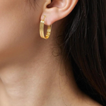 Load image into Gallery viewer, 15850022147. 14K Solid Gold Smooth and Ribbed Rectangular Hollow Hoop Earrings
