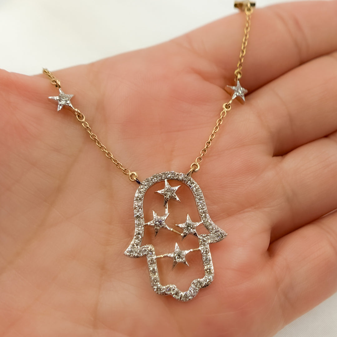 14K Solid Gold Hamsa and Stars Diamond Necklace. GDP803