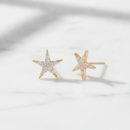 EFD54158. 14k Solid Gold Diamond Stars Stud Earrings
