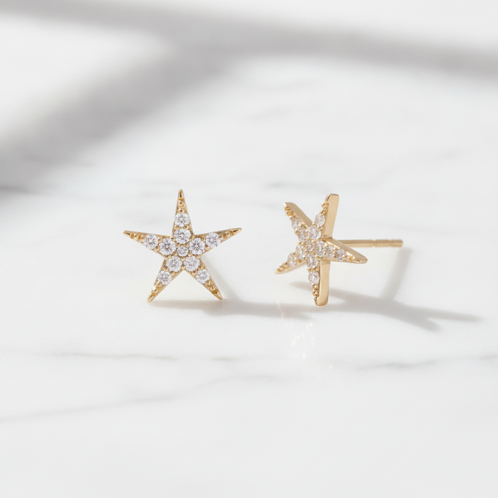 EFD54158. 14k Solid Gold Diamond Stars Stud Earrings