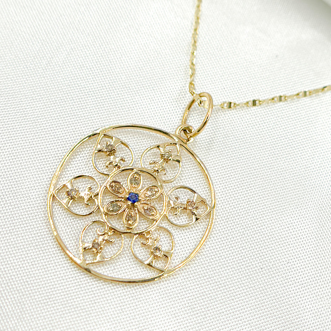 14K Solid Gold Diamond Circle Flower Charm. GDP190