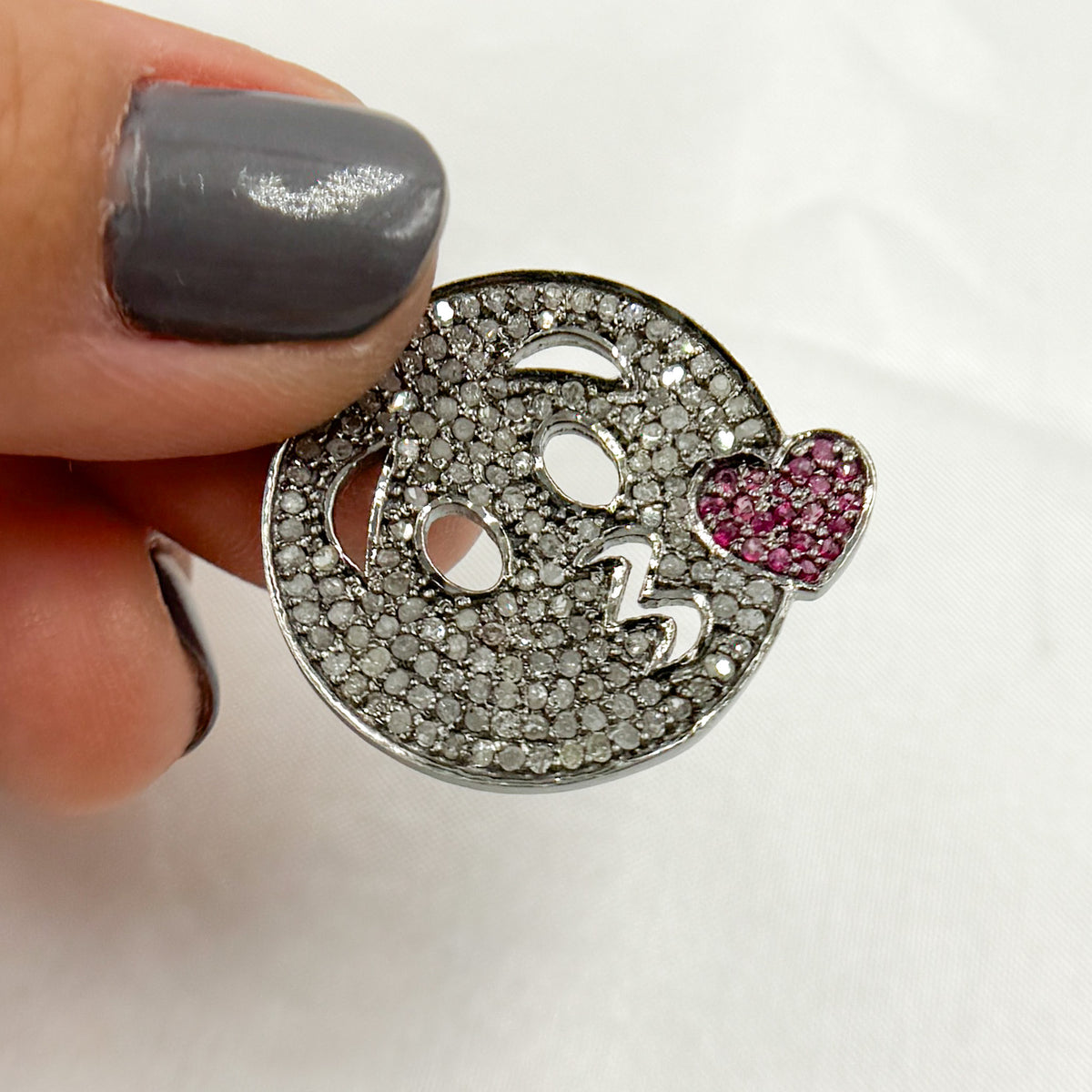 DC044. Diamond Sterling Silver Emoji Pendant with Gemstone