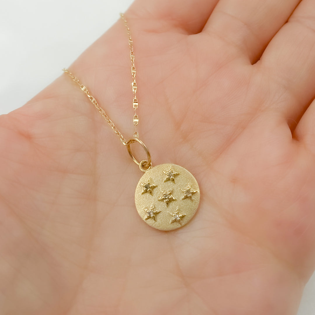 14K Solid Gold Circle Charm with Diamond Stars. GDP537