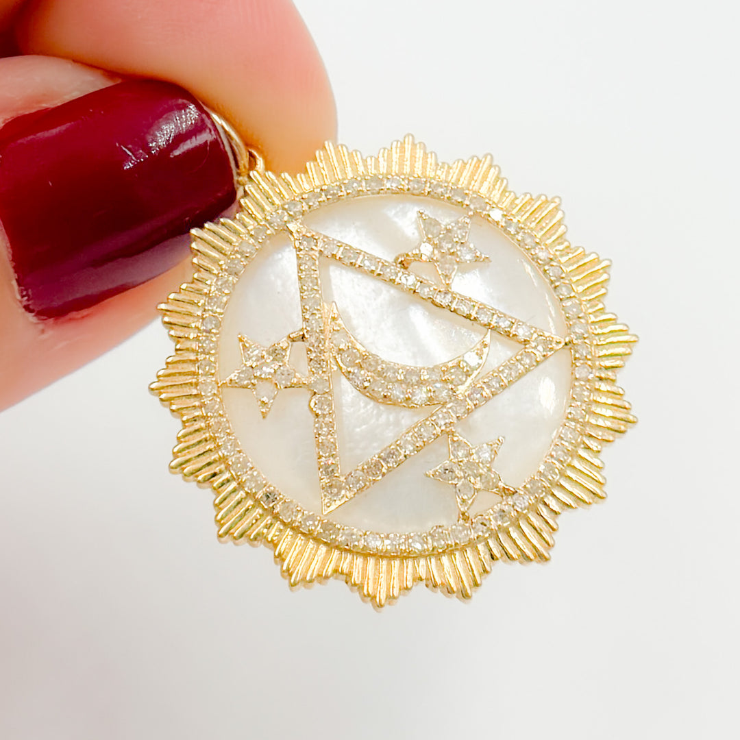 KG306. 14K Solid Gold Round Moon and Stars Pendant