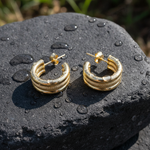 Load image into Gallery viewer, 15850025518. 14K Solid Gold Smooth and Textured Triple Line Hollow Hoop Earrings
