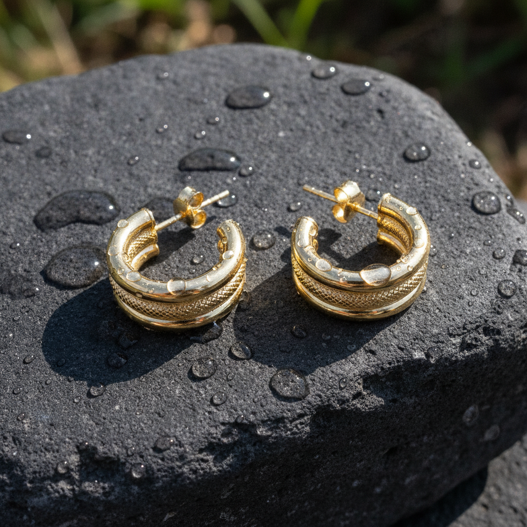 15850025518. 14K Solid Gold Smooth and Textured Triple Line Hollow Hoop Earrings
