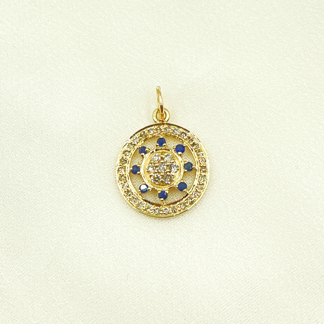 14K Solid Gold Circle Pendant with Diamonds & Ruby or Blue Sapphire Stone. GDP362