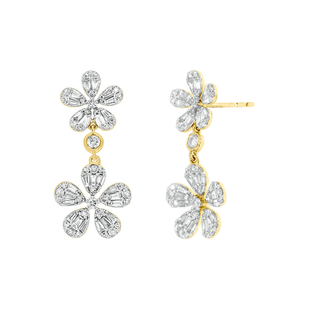 EFM52681. 14K Solid Gold Diamond Baguette Flower Dangle Earrings