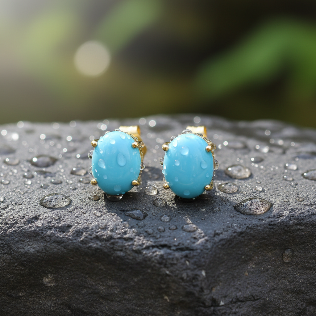 CE96803TQ8X6. 14K Solid Yellow Gold Turquoise Oval Studs Earrings
