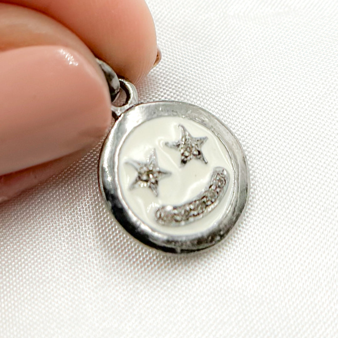 DC06A. Diamond Sterling Silver Round Star Smiley Enamel Charm