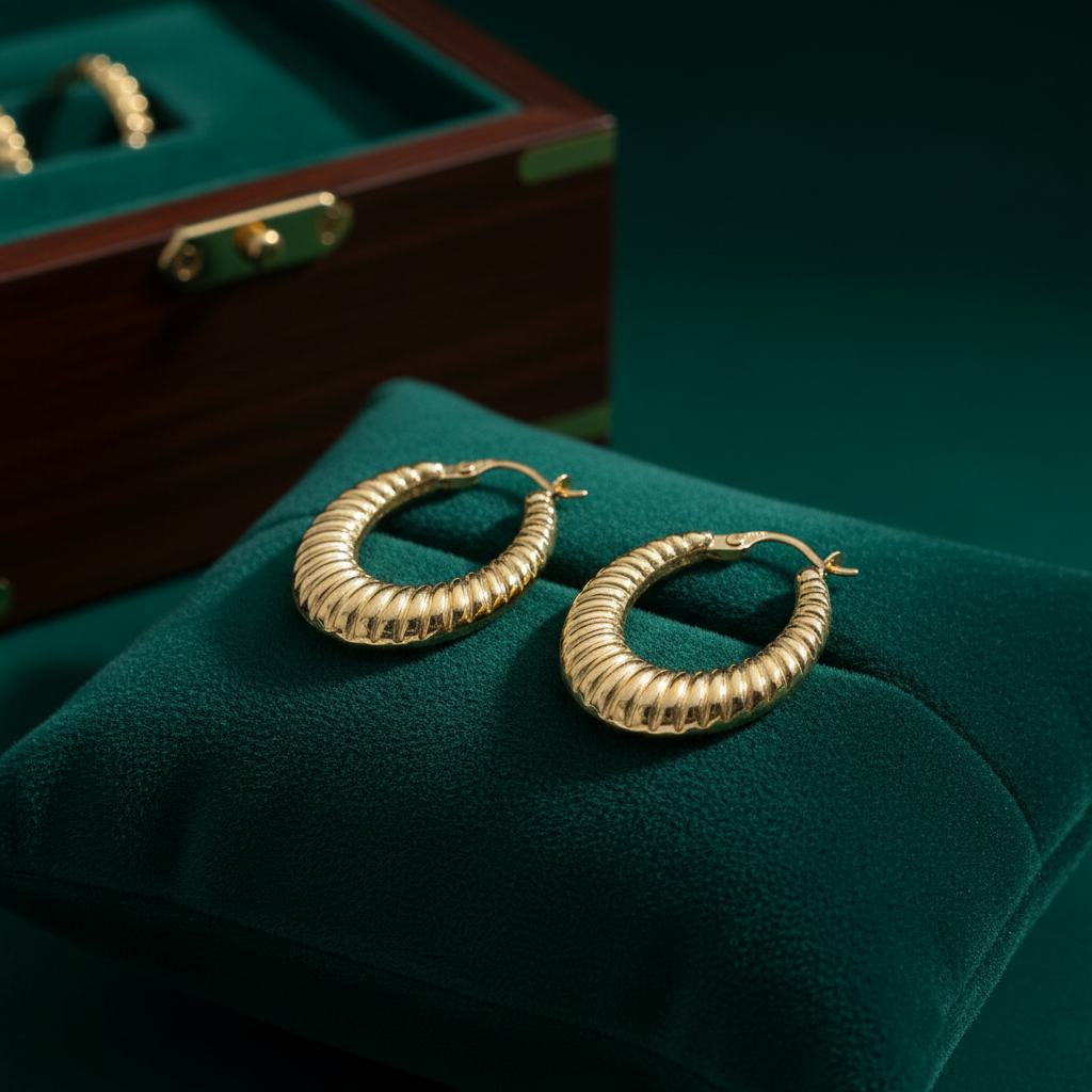 GER128. 14K Solid Gold Chunky Croissant Hollow Hoop Earrings