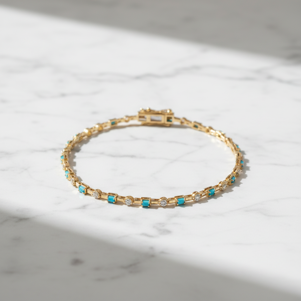 BFH60606TQ. 14K Solid Gold Diamond and Turquoise Fancy Bracelet
