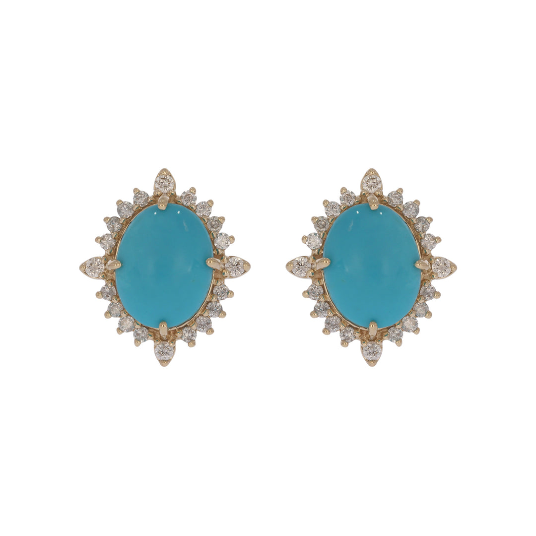 CE97428TQ9X7. 14k Solid Gold Diamond and Turquoise Oval Stud Earrings