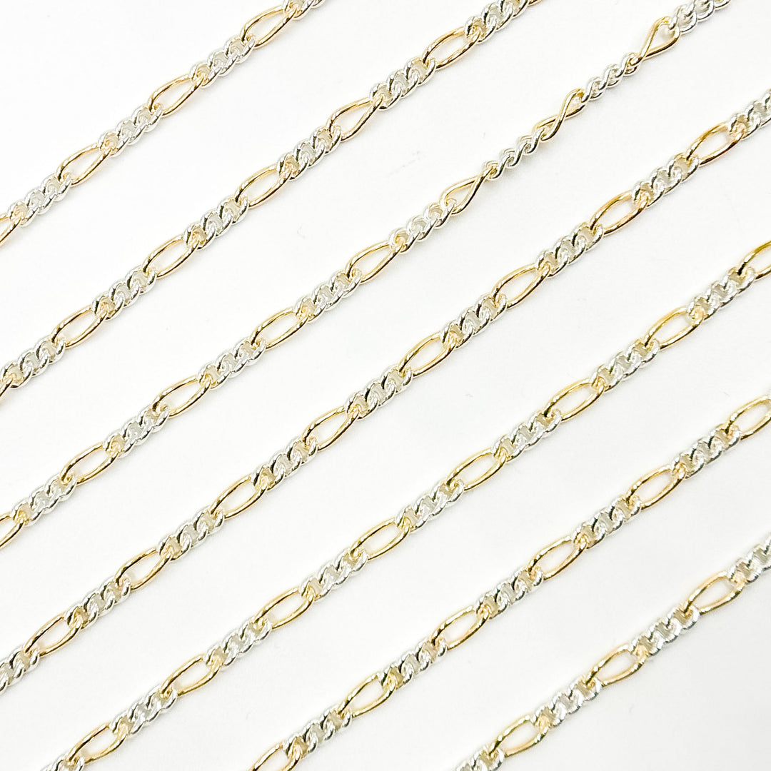 XM/3831C. 14K Gold Filled & Sterling Silver Figaro Link Chain – Long Gold, Short Silver Pattern