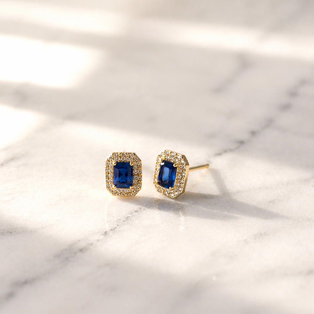 CE97162BS7X5. 14K Solid Gold Diamonds and Blue Sapphire Rectangular Stud Earrings