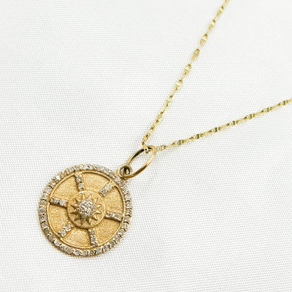 GDP519. 14k Solid Gold Circle Wheel Charm with Diamonds