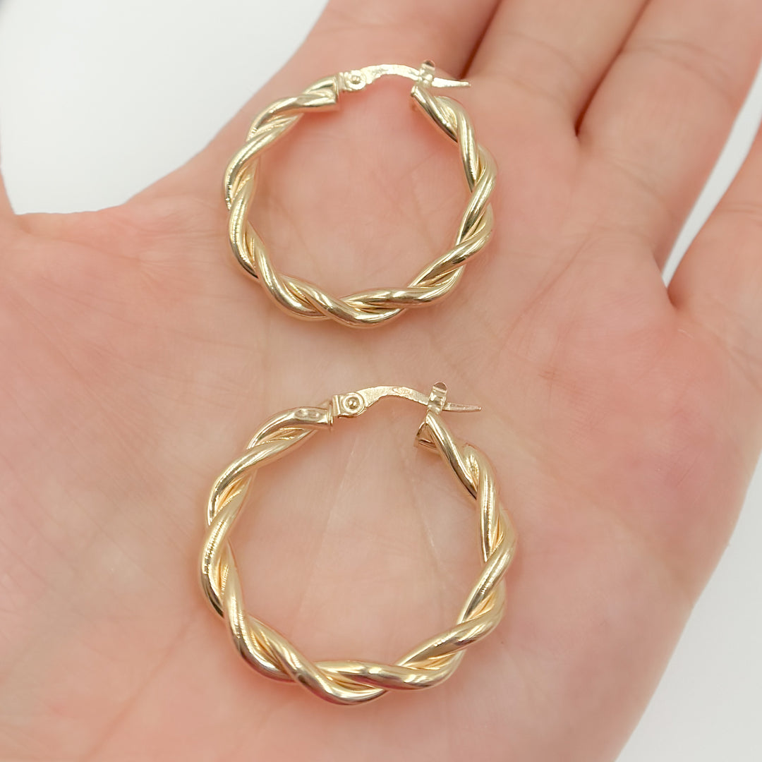 15850003133. 14K Solid Gold Twist Double Round Hollow Hoop Earrings