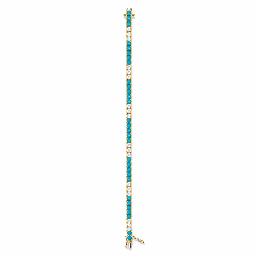 CB97388TQ3.5. 14k Solid Gold Diamond and Turquoise Tennis Bracelet.