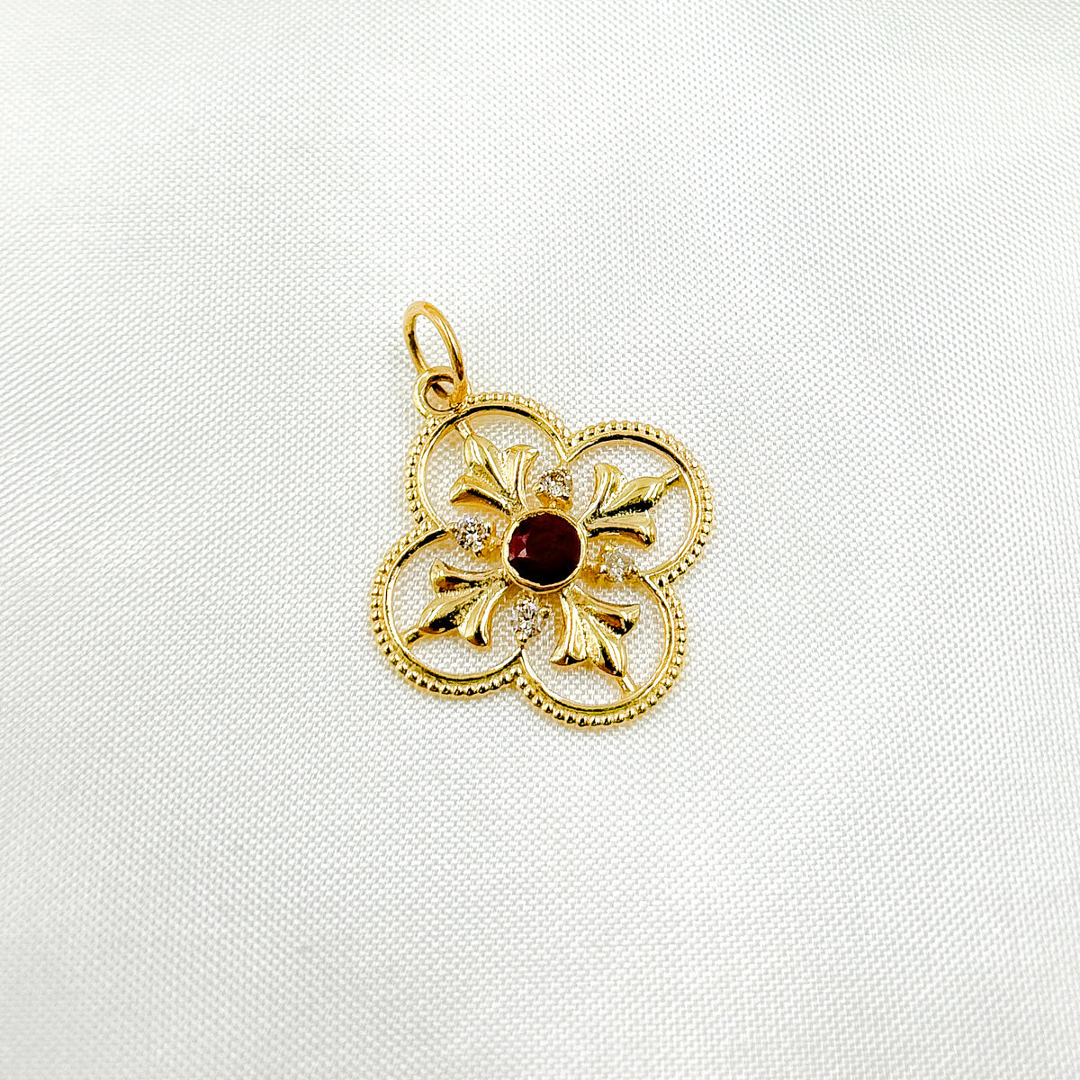 GDP383. 14K Solid Gold Diamond and Gemstone Flower Charm