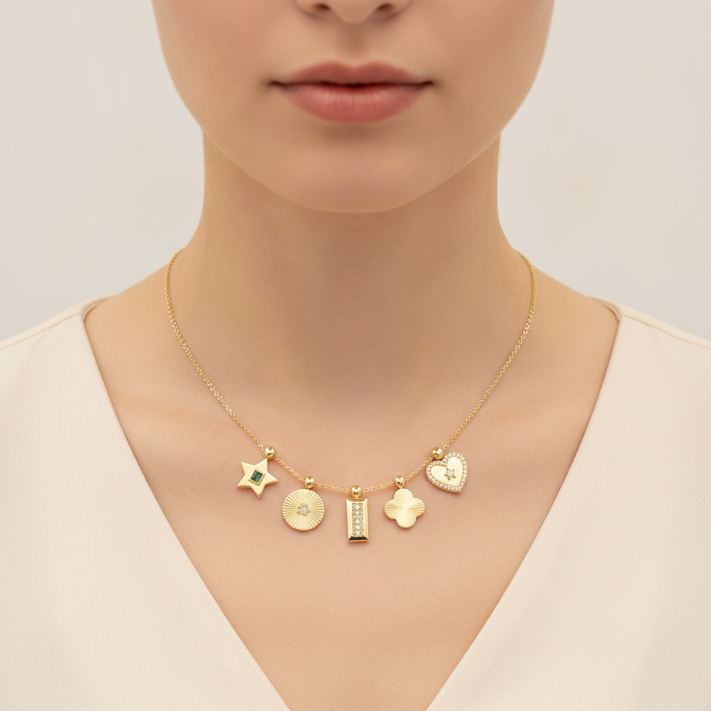 NFG72139. 14K Solid Gold Diamond Dangle Multi Shapes Fancy Necklace
