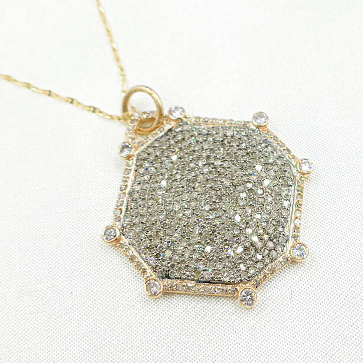 KSG59. 14k Solid Gold and Sterling Silver Black Rhodium Diamond Octagon Charm