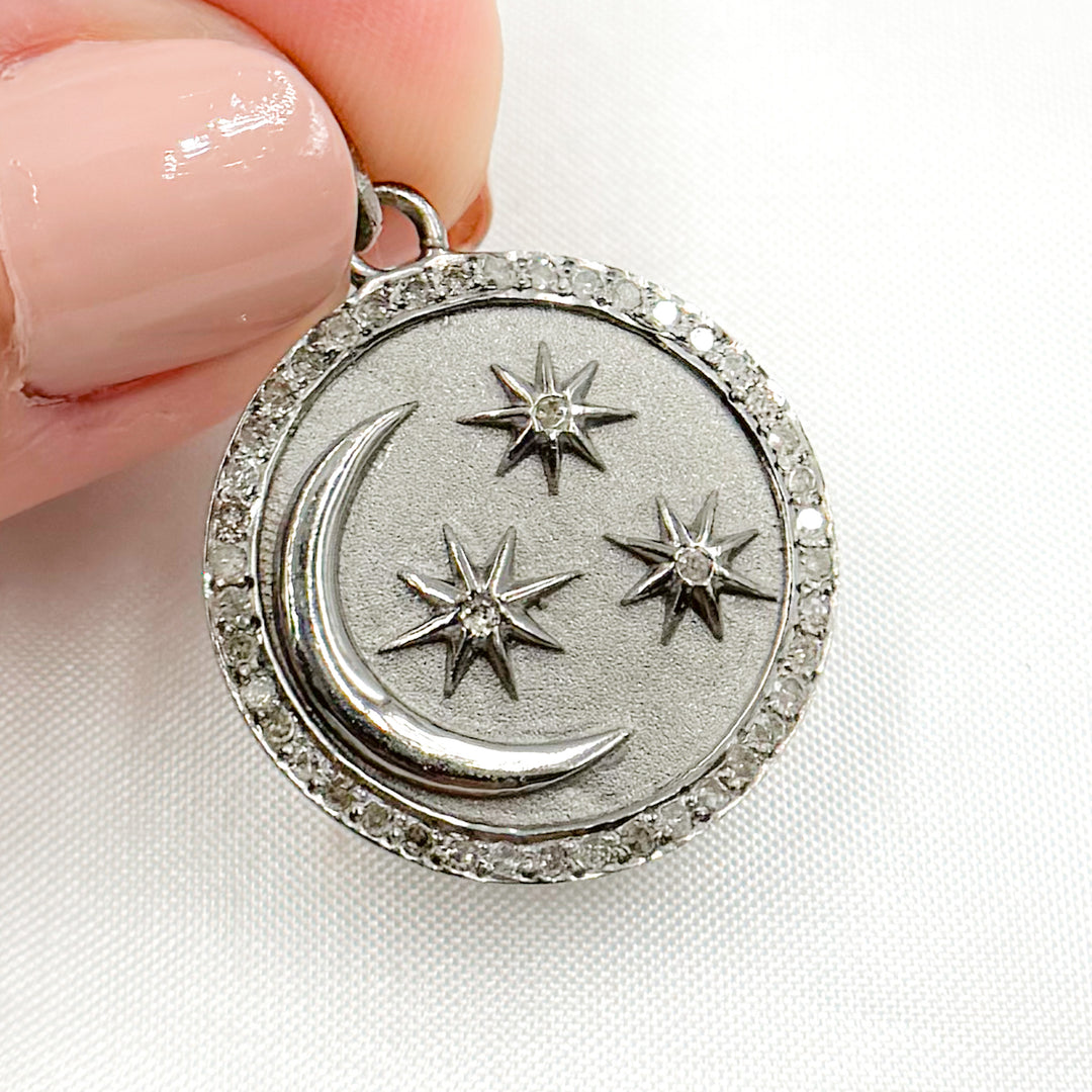 DP796. Diamond Sterling Silver Moon & Star Round Pendant