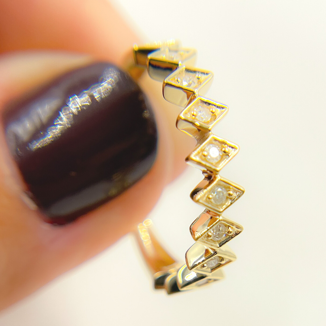 14K Solid Yellow Gold Rhomb Diamond Band Ring. RAB01414