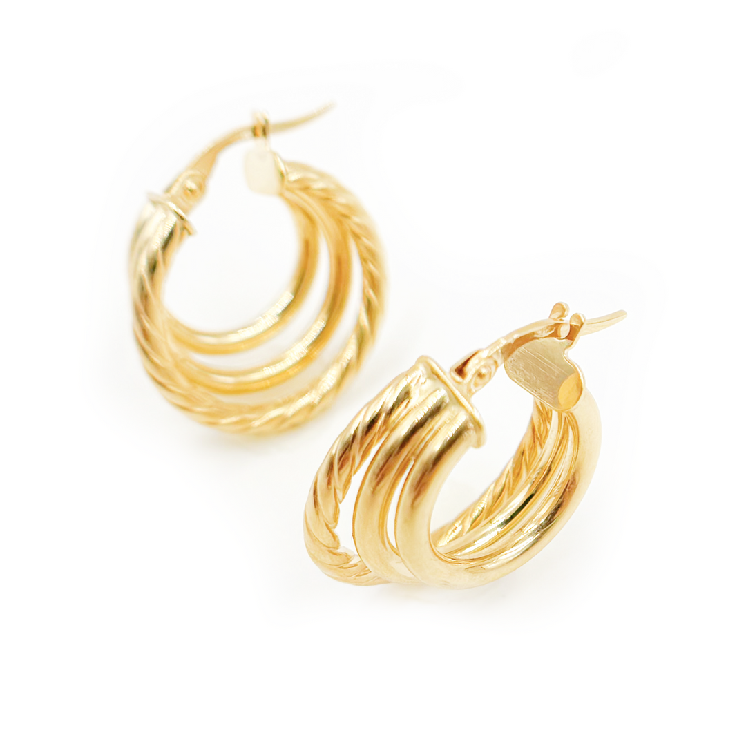 15850007166. 14K Solid Gold Smooth and Textured Triple Line Hollow Hoop Earrings