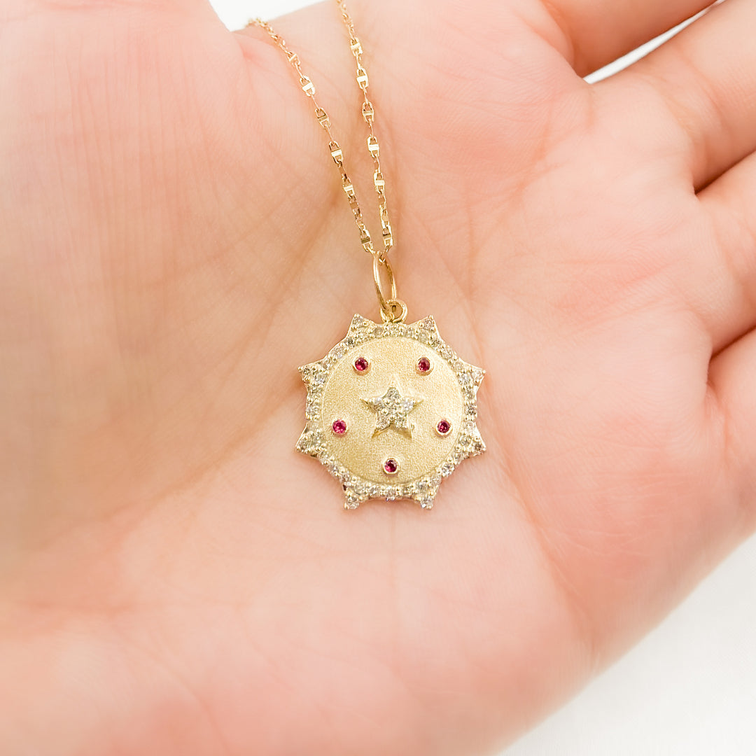 14K Solid Gold Diamond Sun Shape Charm with Star in the Center in Gemstones. GDP547