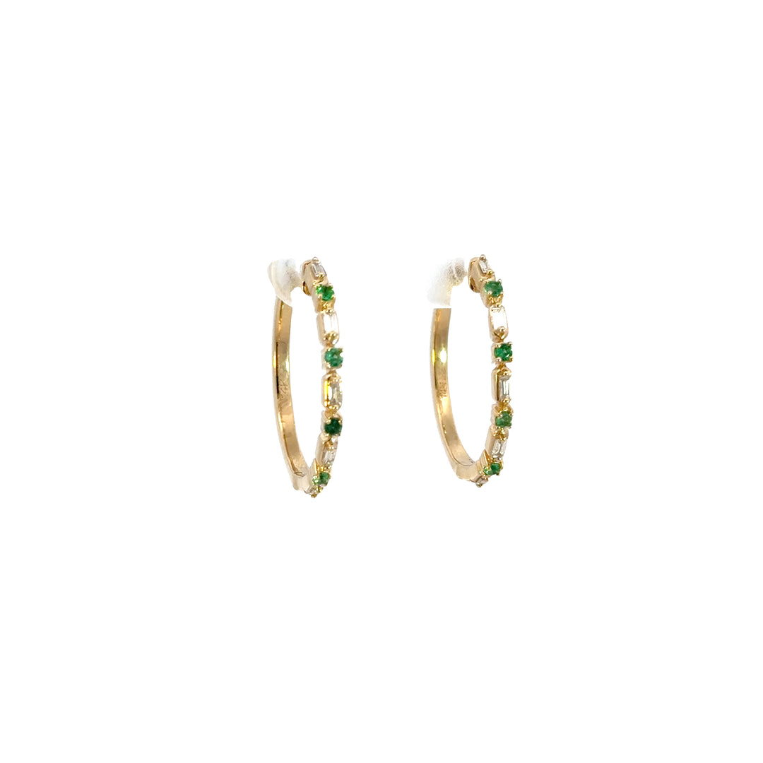 14k Solid Gold Diamond and Emerald Hoops. EHD56614EM