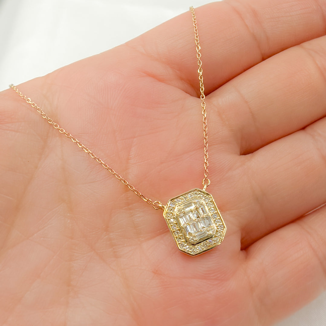 14k Solid Gold Diamond Rectangle Baguette Necklace. NFF71502