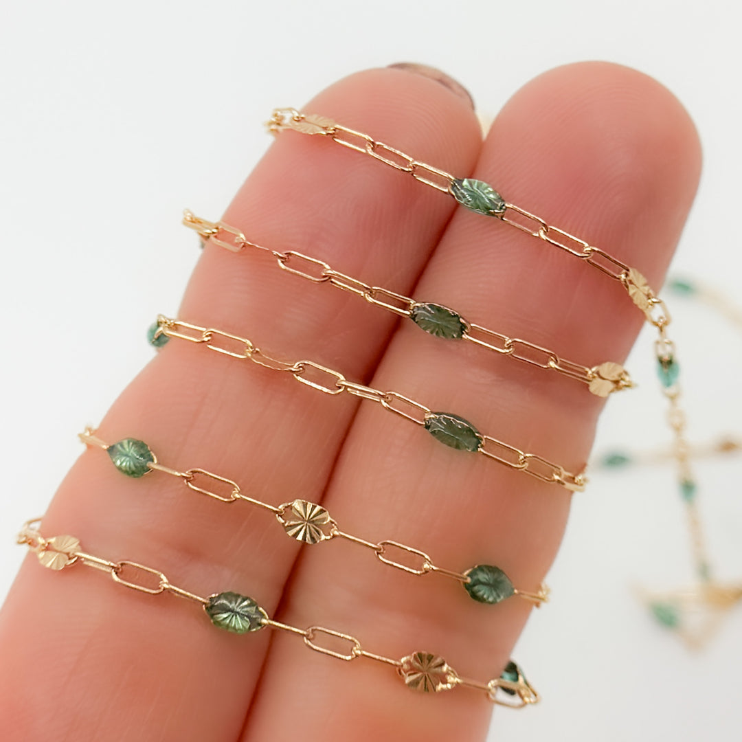 V295OGGF. 14K Gold Filled Olive Green Color Enamel with Paperclip and Diamond Cut Marina Links
