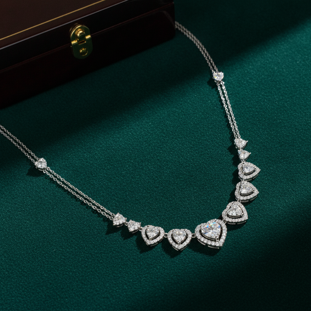 NK113052. 14K Solid White Gold Diamond Hearts Necklace
