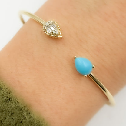 BNC68582TQ. 14K Solid Gold Diamond and Turquoise Open Bangle