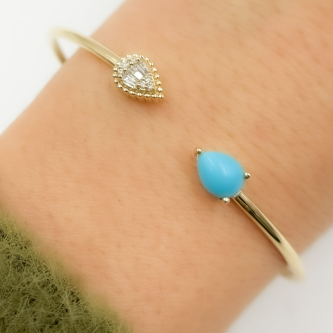 BNC68582TQ. 14K Solid Gold Diamond and Turquoise Open Bangle