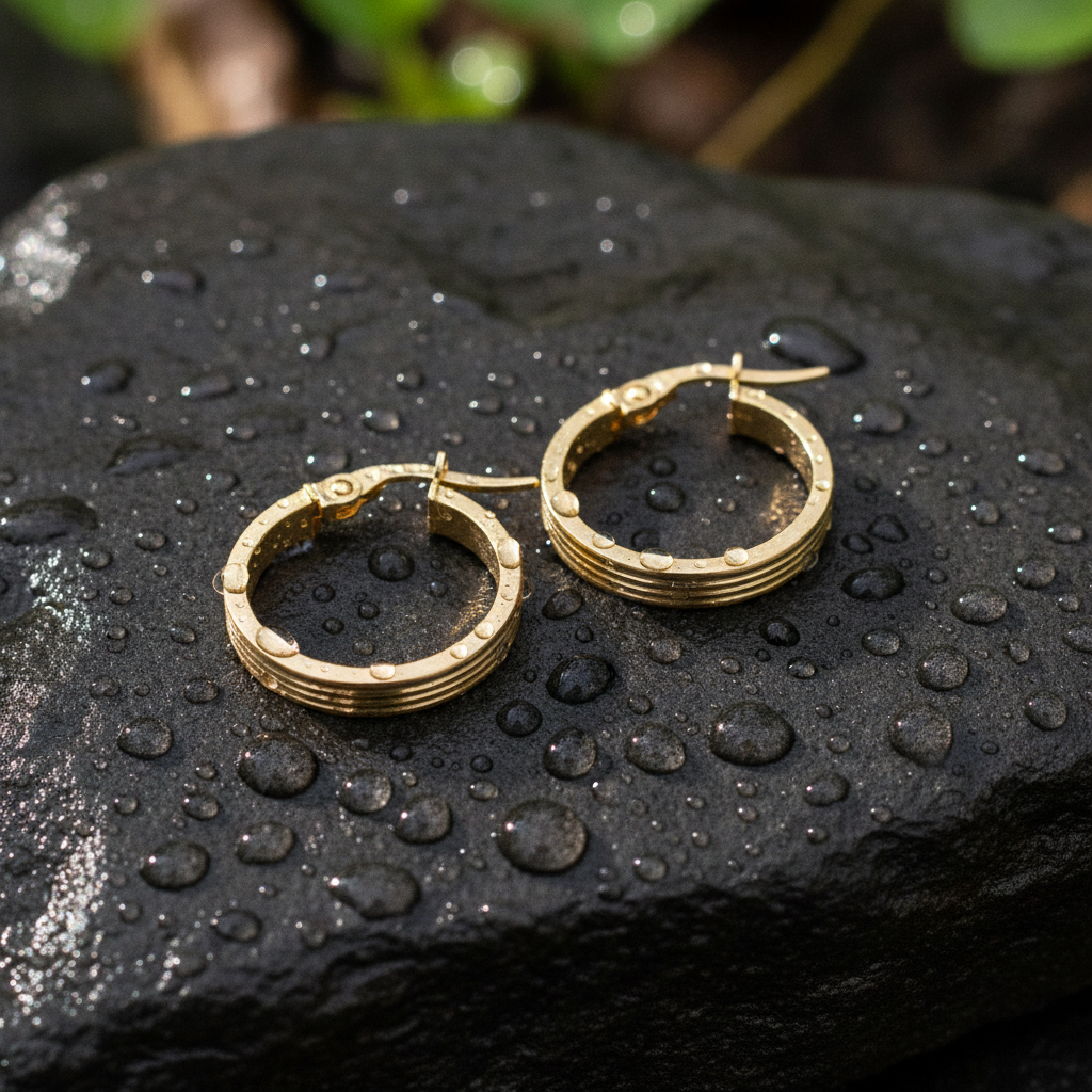 15850015641. 14K Solid Gold Ribbed Round Hollow Hoop Earrings