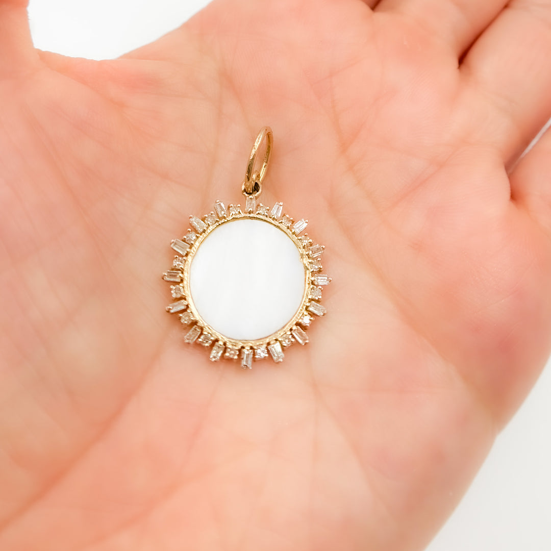 14K Solid Gold Mother of Pearl, and Diamonds Round Pendant