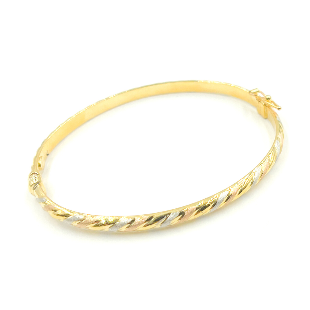 KG114. 14K Solid Gold Tri-Color Twisted Bangle