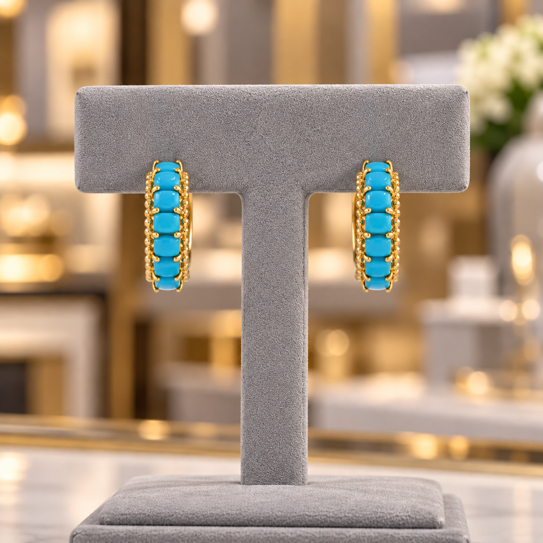 EHZ57696TQ. 14K Solid Gold Turquoise Hoops