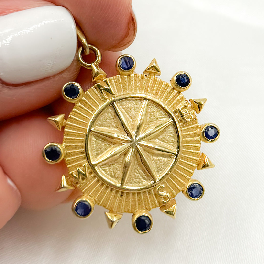 DP720. Diamond Sterling Silver Round Compass Pendant with Gemstone