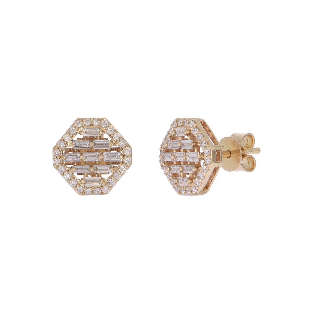 EFI54501. 14K Solid Gold Diamond Baguette Octagon Stud Earrings