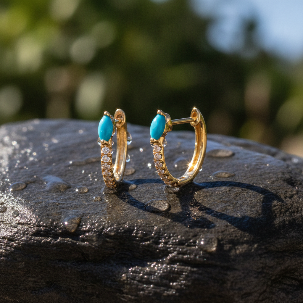 EHC57586TQ. 14K Solid Yellow Gold Diamond and Turquoise Hoop Earrings